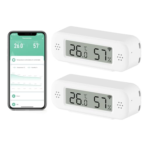 eMylo Wlan Thermometer Hygrometer Innen, Luftfeuchtigkeitsmesser mit Intelligentem Alarm, Datenspeicherung, Arbeit mit Smart Life/Tuya Smart/Alexa, Ausgestattet mit einem Bildschirm, 2 Pack von Chatthen