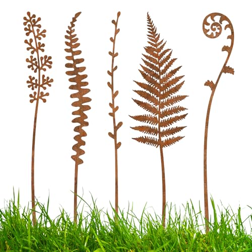 Chdnhe Rostige Gartenstäbe,5er Set Rustikale Gartendekoration Für Draußen Mit Rostoptik | Rustikale Bauernhaus-Vintage-Deko mit Farn- und Motiv Wetterfeste Rasenfigur für Park und Pflanzkübel von Chdnhe