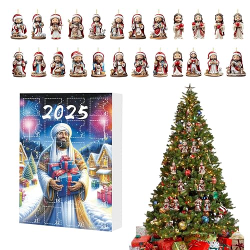 Jesus Adventskalender 2025, 24 Tägiger Weihnachts Jesus Countdown Kalender mit 2D Acryl Jesu Ornamenten zum Aufhängen als Weihnachtsbaumdekoration, süße Weihnachtsdekoration für Zuhause und Partys von Chdnhe