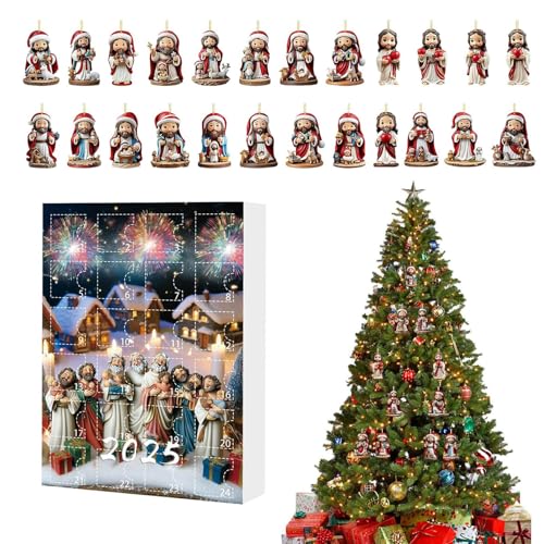 Jesus Adventskalender 2025, 24 Tägiger Weihnachts Jesus Countdown Kalender mit 2D Acryl Jesu Ornamenten zum Aufhängen als Weihnachtsbaumdekoration, süße Weihnachtsdekoration für Zuhause und Partys von Chdnhe