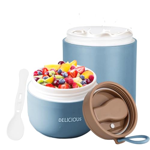 Chedin Müslibecher To Go mit Deckel, PP-Material Porridge Becher 730ml Auslaufsicher joghurtbecher to go mit löffel und Deckel,Doppelschicht Auslaufsicherer Einmachgläser perfekt für Arbeit (Blau) von Chedin