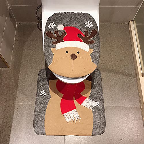 Chedin Toilettensitzbezug Weihnachten WC Sitz Cover Teppich Weihnachtsdeko Toilette Dekorationen Weihnachtsmann Schneemann Elch Toilettenvorleger Set 2 Stücke (Elch) von Chedin