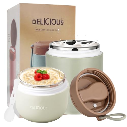 Chedin Müslibecher To Go mit Deckel, Edelstahl Porridge Becher 730ml Auslaufsicher joghurtbecher to go mit löffel und Deckel,Doppelschicht Auslaufsicherer Einmachgläser perfekt für Arbeit (Grün) von Chedin