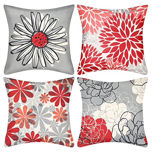 Cheekywares Kissenbezug Weihnachten Rot Zierkissenbezüge Leinen 45 x 45cm Kopfkissenbezug Quadrat Kissenhülle Blumenmuster Gänseblümchen Deko für Sofa Bett Zuhause Büro Couch Wohnzimmer 4er Set von Cheekywares