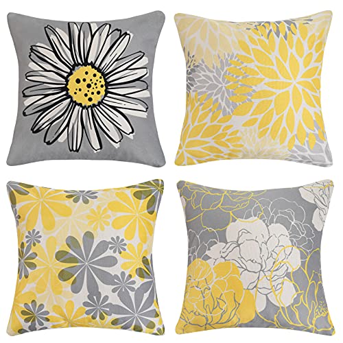 Cheekywares 4er-Set Kissenhülle Dekoratives Quadrat Kissenbezug 40cm x 40cm Modernes Gänseblümchen mit hübschem weißem Blumen Sofa Zierkissenbezug Kissen Wohnkultur 16x16 Inch, Gelb und Grau von Cheekywares