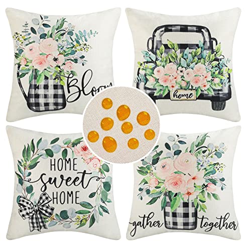 Kissenbezug 40x40 Outdoor Wasserdicht Sofakissen Frühling Sommer Moderne Deko Kissen Kissenhülle Lastwagen Gitter Blumen Rosa Kissenbezüge für Garten Sofa Wohnzimmer Bett Büro Cafe 4er Set von Cheekywares