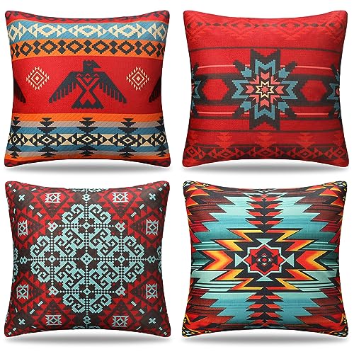 Cheekywares Deko Kissenbezug 45 x 45 cm Rote Ethno Leinen Kissenbezüge Boho Sofakissen Kissenhülle 4er Set Modern Dekokissen Zierkissenbezüge für Sofa Schlafzimmer Wohnzimmer Outdoor Weihnachten von Cheekywares