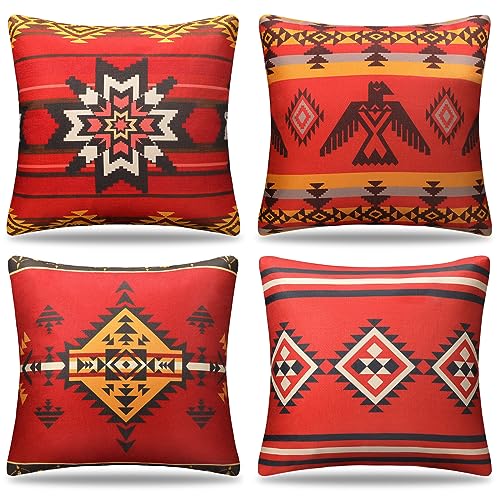 Cheekywares Kissenbezüge 40x40 cm Retro Geometrisch Ethnische Stammes Sofakissen Dekokissen Dekorativ Kissenbezug Leinen Kissenhülle mit Unsichtbarem Reißverschluss für Sofa Wohnzimmer Bett 4 Stück von Cheekywares