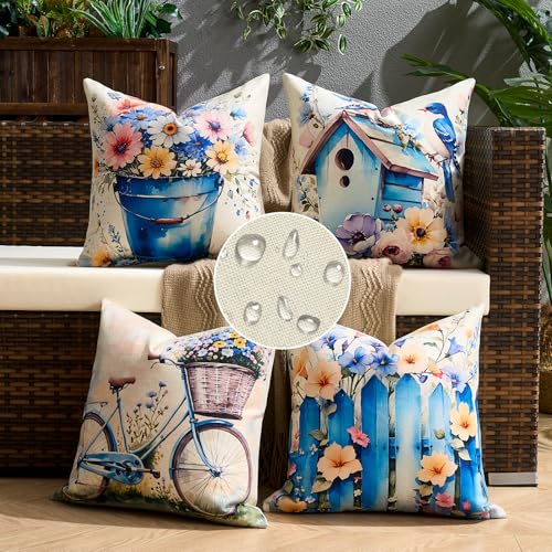 Cheekywares Kissenbezug 45 x 45 Sommer Moderne Sofakissen Wasserdicht Leinen Kissenhülle Blumen Bunt Birdie Fahrrad Dekorativ Kissenbezüge für Sofa Außen Balkon Terrasse Patio Garten 4er Set von Cheekywares