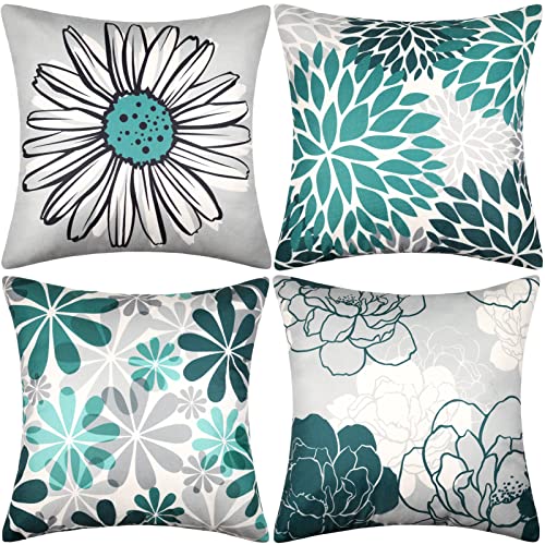 Cheekywares Kissenbezug Grün Grau 40x40 Leinen Sofakissen Kissenhülle Sommer Boho Abstrakt Moderne Blumenmuster Dekokissen Couchkissen für Schlafzimmer Wohnzimmer Garten Kissen Deko 4er Set von Cheekywares