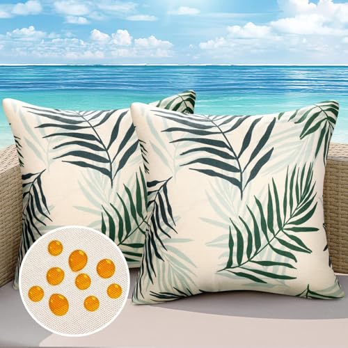Cheekywares Outdoor Kissenbezug 45x45 2er Set Kleine Blätter Grün Deko Sofakissen Leinen Kissenhülle Wasserdicht Kissenbezüge Couchkissen für Garten Sofa Couch Wohnzimmer Schlafzimmer von Cheekywares