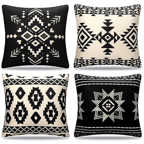Cheekywares Outdoor Kissenbezug 50x50cm Schwarz und Weiß Dekorative Boho Kissenbezüge Azteken Stammes Ethno Sofakissen Dekokissen Wohnzimmer Schlafzimmer Garten Couch Kissenhülle 4er-Set von Cheekywares