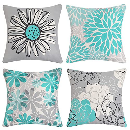 Cheekywares Sofakissen 50x50 Kissenbezug Füllung Moderne Boho Türkis und Grau Gänseblümchen Lienen Deko Kissen Kissenhülle für Sofa Garten Couch Schlafzimmer Outdoor 4 Stück von Cheekywares