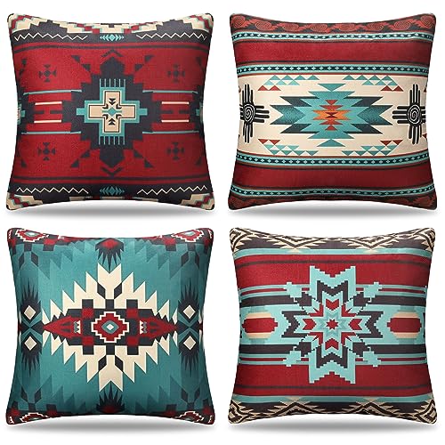 Cheekywares Sofakissen Kissenbezug 50 x 50 cm Ethno Boho Geometrisch Kissenbezüge Leinen Tribal Azteken Retro Kissenhülle Dekokissen Kissenbezug für Sofa Bett Terrasse Balkon Garten 4er Set von Cheekywares