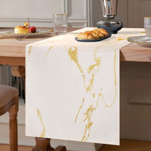 Cheekywares Tischläufer Modern Wohnzimmer Tischläufer Leinen Marmor Beige und Gold Frühling Sommer Küche Tisch TV-Ständer Kommode Dekoration Drinnen Urlaub Party Dekor 40x140 cm von Cheekywares
