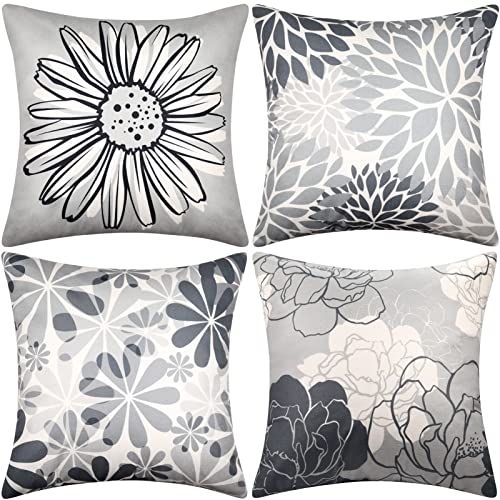 Cheekywares Zierkissenbezüge 45x45cm Kissenbezug Couchkissen Leinen Blumen Frühling Kissenhüllen Quadrat Sofakissen Dekokissen Bauernhaus Garten Sofa Auto Schlafzimmer Zuhause Grau 4er Set von Cheekywares