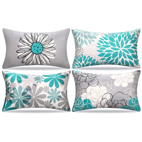 Deko Kissen Bezug Füllung Moderne 30 x 50 Sofakissen Gänseblümchen Blume Türkis und Grau Boho Kissenbezug Sommer Kissenhülle Zierkissenbezüge leinen für Sofa Schlafzimmer Wohnzimmer Zuhause 4er Set von Cheekywares