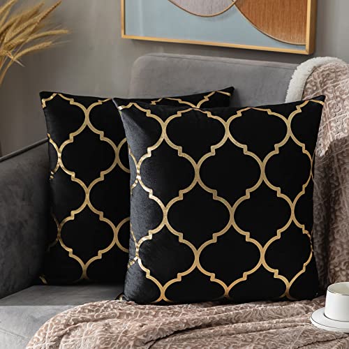 Cheekywares Deko Kissen Bezug 45 x 45 Schwarz Samt Sofakissen Bauernhaus Kissenbezüge Gold Abstrakt Geometrische Kissenbezug für Couch Sofa Schlafzimmer, 2er Set von Cheekywares