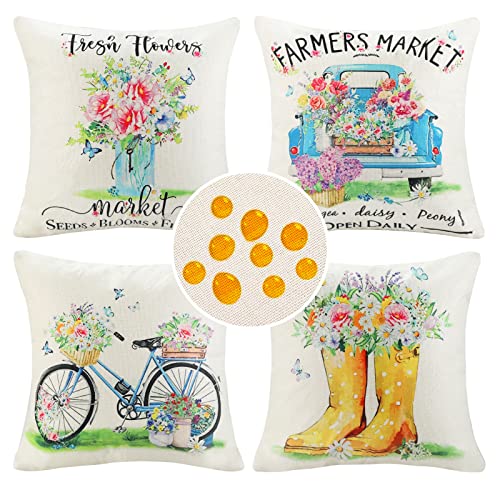 Cheekywares Kissenbezug 45x45cm Frühling Blumen Kissenbezüge Outdoor wasserdichte Kissenhülle Bauernhaus Bunte Dekokissen Sofakissen Bezug für Auto Home Bed Büro Cafe Garten Wohnzimmer 4er Set von Cheekywares