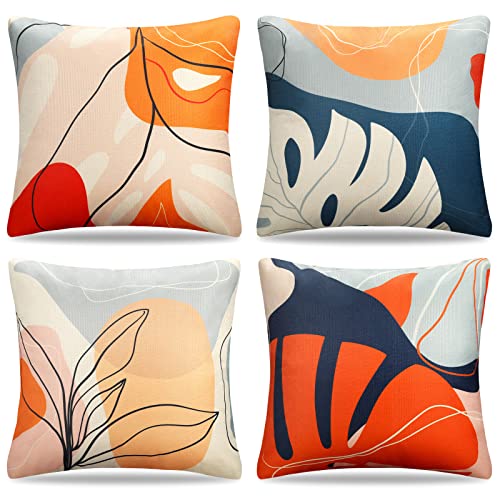 Kissenbezug 40x40 Frühling Modern 4er Set Bunt Deko Kissenhülle Leinen Kissenbezüge Geometrische Muster Sofakissen Modern Kunst Couchkissen Orange Abstrakt Blätter Kissen für Sofa Schlafzimmer Couch von Cheekywares