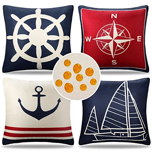 Kissenbezug Deko Sommer Segelboot Anker Kompass Ruder Kissenhülle Blaue Rot Dekokissen Sofakissen Bezug Auto Wohnzimmer Couchkissen Kissenbezüge Bed Büro Cafe Gartenmöbel Outdoor 45 x 45 cm 4er Set von Cheekywares