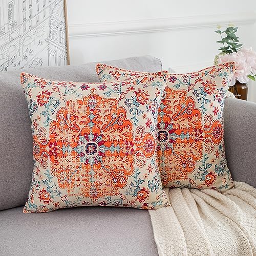 Kissenbezug Sofakissen 40x40 Orange Teppich Persischer Stil Vintage Ethno Rost Koralle Blumenmuster Kissenbezüge Leinen Deko Kissen Wohnzimmer Schlafzimmer Garten Büro Outdoor Couch, 2er Set von Cheekywares