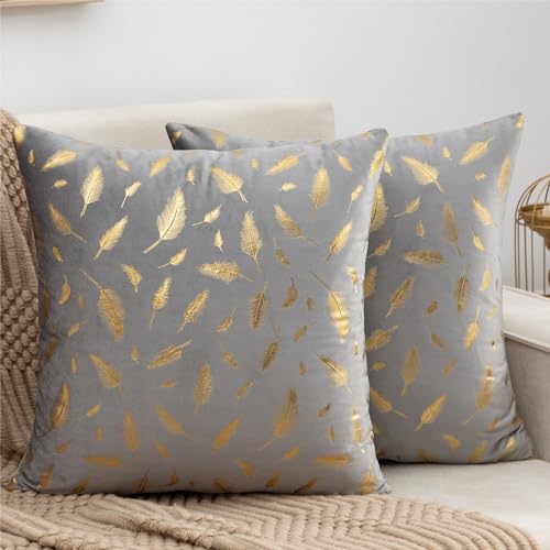 Kissenbezug Sofakissen 45 x 45 Graue Samt Dekokissen Kissenhülle Goldene Federn Bronzing Kissenbezüge Luxuriöse Herbst Winter Zierkissenbezüge für Wohnzimmer, Sofa Couch Bett Auto 18x18 Zoll,2er Set von Cheekywares