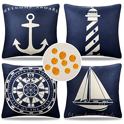 Kissenhülle Marineblau Frühling Moderne 4er Set Kissenbezug 45x45cm Anker Leuchtturm Kompasse Segelboot Sofakissen Kissen Wasserfest Leinen für Sofa Schlafzimmer Wohnzimmer Auto Bauernhaus Dekoration von Cheekywares