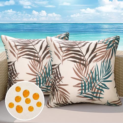 Outdoor Kissenbezug Wasserdicht 45x45 Kissen Wasserfest Sofakissen Blattmuster Braun und Blaugrün Kissenhülle Leinen Dekokissen für Sofa Couch Balkon Terrasse Patio Garten Bauernhaus Dekor 2er Set von Cheekywares