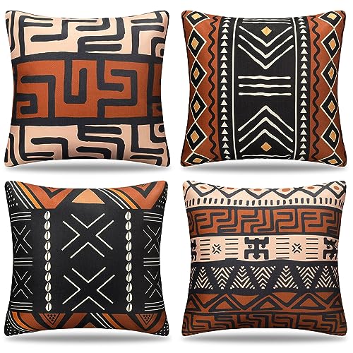 Set mit 4 Kissenbezüge Braun Ethno Boho Abstrakt Kissenhülle 40 x 40 cm Geometrie Dekorative Couchkissen Marokko Vintage Leinen Quadratisch Sofakissen Kissenhülle für Couch Draussen Wohnzimmer von Cheekywares