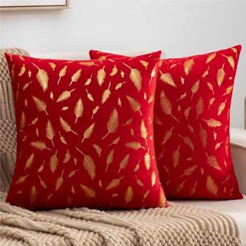 Kissenbezug Weihnachten 40x40 Rot Deko Sofakissen Boho Moderne Samt mit Federn Goldenen Bronzing Kissenhülle Couchkissen Bezüge Herbst für Wohnzimmer Garten Sofa Kissen Heimdekoration 2er Set von Cheekywares