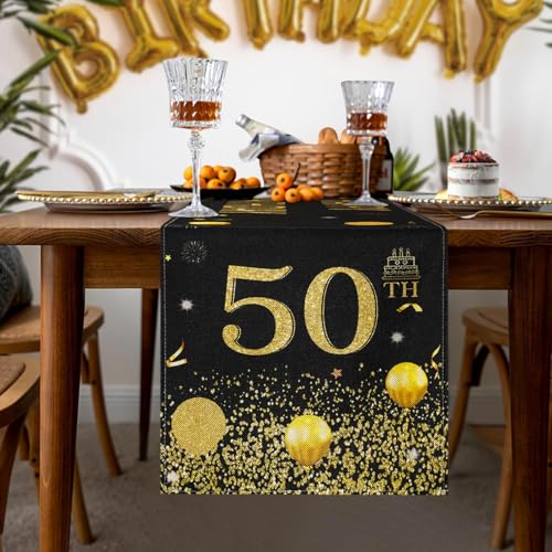Tischläufer 50. Geburtstag Männer Frauen Schwarz mit Goldenen Punkten und Ballons Leinen Tischband zum 50 Geburtstag Jahrestag Feier Party Tisch Deko für Zuhause Küche Draußen Drinnen 40 x 140 cm von Cheekywares