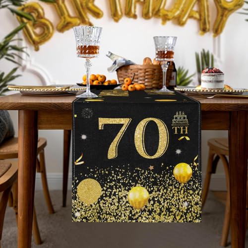 Tischläufer 70 Geburtstag zum Frau Mann Happy 70th Birthday Schwarz mit Goldenen Punkten und Ballons für Tisch Draußen Drinnen Urlaub Küche Party Feier Dekor 40x140 cm von Cheekywares