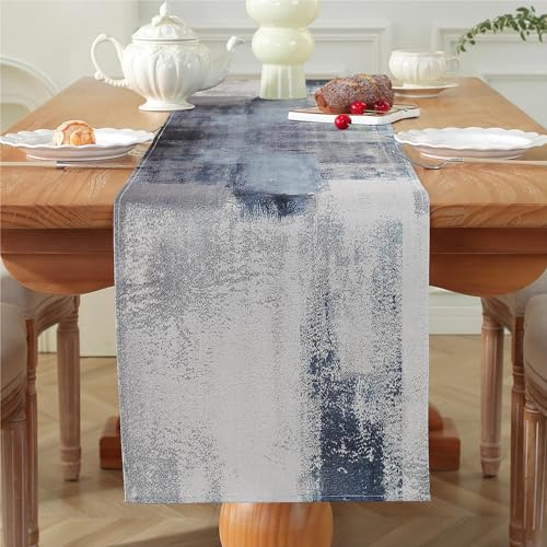 Tischläufer Frühling Sommer Modern Wohnzimmer Tischläufer Blau Grau Abstrakte Kunst Ölgemälde Muster Tischläufer Leinen Tischdecke für Bauernhaus Esstisch Party Hochzeit Küche 40 x 140 cm von Cheekywares