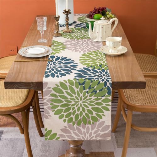 Tischläufer Grün Modern Frühling Sommer Tischläufer Blaue Graue Dahlie Blumen Boho Leinen Küche Esstisch Dekor Tischdecke für Urlaub Partys Café Garten Dekoration 40x140cm von Cheekywares