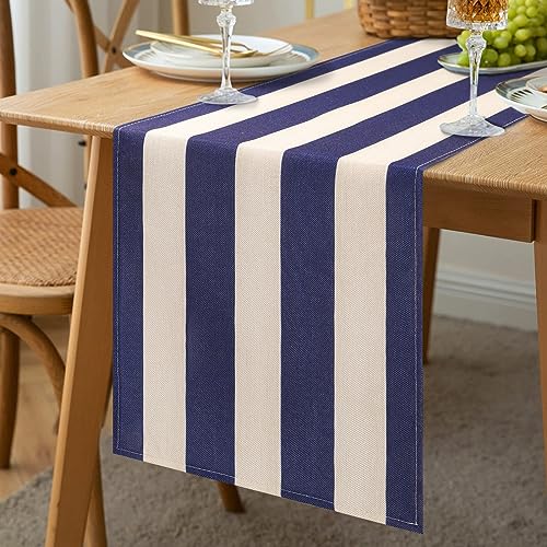 Tischläufer Modern Leinen Klassisch Marineblau Gestreifter Tischdecke Tischläufer Outdoor Waschbar Tischläufer 40x140cm für Esstische Party Hochzeit Bankett Landhausstil von Cheekywares