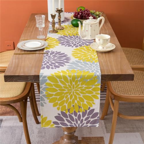 Tischläufer Leinen Tischläufer Frühling Wohnzimmer Gelb und Grau Tischdeko Boho Blumen Tischmatten für Kommode Schrank Tisch TV Küche Esstisch Party Bankett Hochzeit Tischläufer 40 x 140 cm von Cheekywares