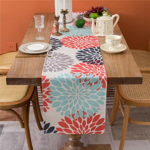 Tischläufer Modern Frühling Tischläufer Orange Blaugrün Dahlie Vintage Hochzeit Küche Esstisch Boho Dekor Tischdecke Langer für Esszimmer Party Urlaub Dekoration 40 x 140cm von Cheekywares