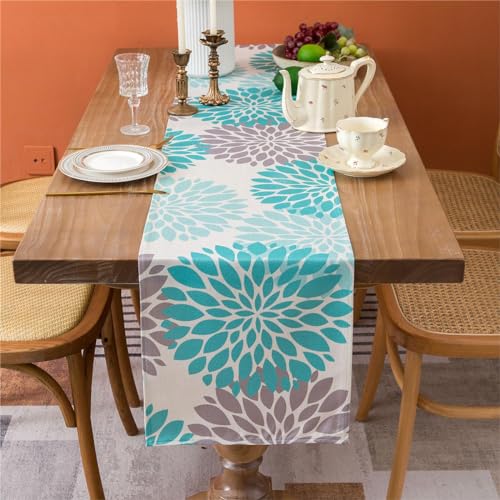 Tischläufer Modern Wohnzimmer Türkis Grau Dahlie Blumen Pflanzen Tischläufer Frühling Leinen Tischdecke Sommer 33x183cm Boho Vintage Dekoration für Küche Esstisch Drinnen und Draußen von Cheekywares