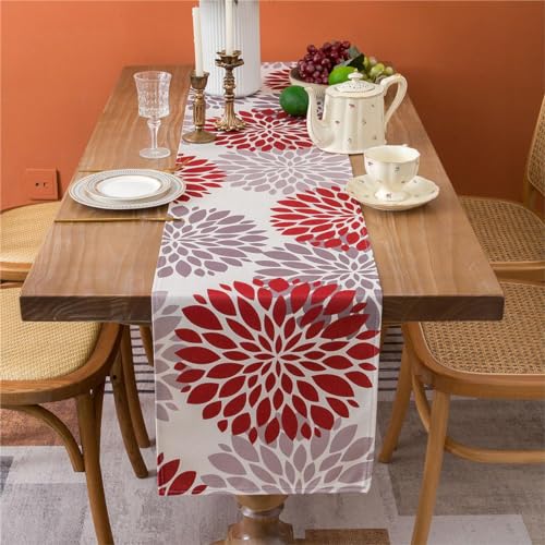 Tischläufer Sommer Tischläufer Frühling Modern Rot und Grau Dahlie Lange Tischdecke Abwaschbar Leinen Tischwäsche 40 x 140cm Bauernhaus Rustikale Feiertagsdekoration für Küche Esstisch Dekoration von Cheekywares