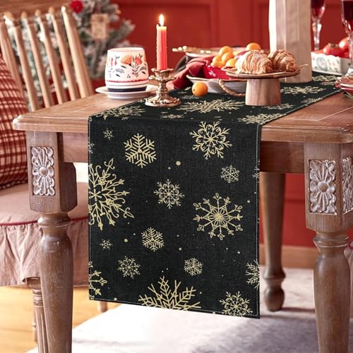 Tischläufer Weihnachten 40 x 140 cm Schwarz mit Schneeflocken Gold Tischläufer Modern Leinen Waschbar Weihnachtstischdecke Küche Tisch Dekoration Drinnen Draußen Urlaub Party Wohnzimmer Dekor von Cheekywares