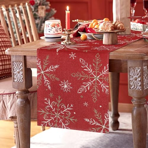 Tischläufer Weihnachten Rot mit Schneeflocken Gold und Weiß Tischläufer Leinen Waschbar 40 x 140 cm Winter Weihnachtstischläufer Modern Dekoration für Urlaub Küche Esszimmer Restaurant Bar Dekor von Cheekywares