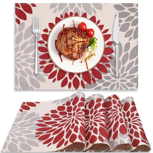 Tischsets Abwaschbar Weihnachten Rot Dahlie Blumen Platzset Leinen Wetterfest Platzdeckchen Schmutzabweisend Hitzebeständig Esstisch Speisetisch Tischset Urlaub Küche Party Deko 32x45 cm, 4er Set von Cheekywares