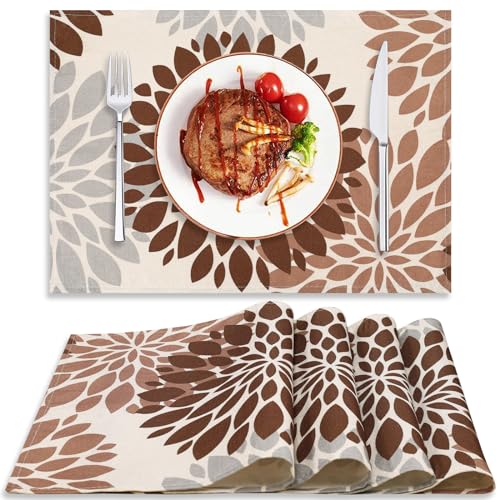 Tischsets Platzset Abwaschbar Dahlie Blumen Braun Herbst 4er Set Tischset Wasserdicht rutschfest Leinen Platzdeckchen Tisch Deko Tischuntersetzer für Hause Küche Restaurant und Hotel 32 x 45 cm von Cheekywares