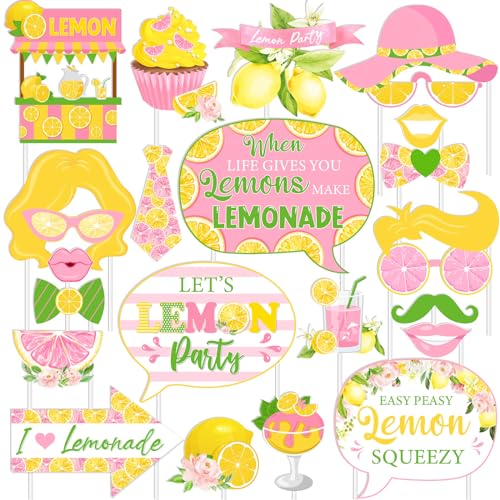Cheereveal 24Pcs Zitrone Thema Fotokabine Requisiten Rosa - Let's Lemons Party Schilder mit Holzstäbchen, ich Liebe Limonade Geburtstagsfeier Baby Shower Zeremonie Dekorationen von Cheereveal