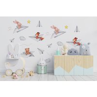 Papierflieger Kinderzimmer Wandtatto Aquarell Tiere, Wandsticker Jungen Aufkleber, Heißluftballon Aufkleber von CheerfulWalls