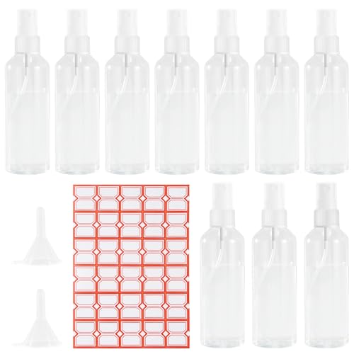 10 Stück Sprühflasche Klein 100ML, Zerstäuber Sprühflaschen Leer mit 2 Trichter & Etikette, Zerstäuber Sprayflasche Pumpflasche Leer, Plastik Parfumzerstäuber - Für Flugreisen oder Outdoor Sportarten von Cheerhom