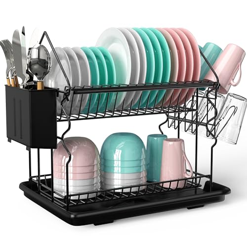 2-stufiges Geschirrabtropfgestell klein,Abtropfgestell Geschirr Edelstahl Schwarz, Geschirr Abtropfständer Abtropfgitter, Geschirrtrockner Mit Abtropfschale und Geschirrständer, Dish Drying Rack von Cheerhom