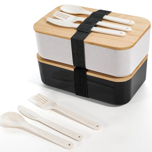 Cheerhom 2PCS Bento Box Japanisch,19x12x7cm Brotkasten Lunchbox Butterdose mit Holzdeckel Brotdose mit aus Ökologisches Bambus Schneidebrett Deckel für die Arbeit, Schule und Unterwegs von Cheerhom