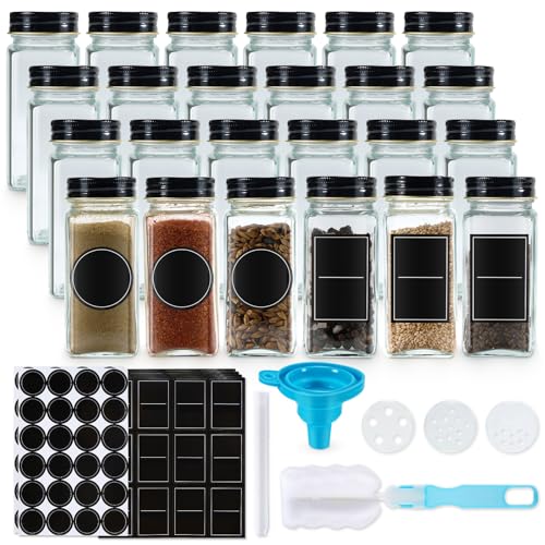 Cheerhom Gewürzgläser 24er Eckig 120ml Gewürzdosen Set, Gewürzstreuer Glas Gewürzbehälter, Gewürze Aufbewahrung mit Streueinsatz, Etiketten, Bürste, Trichter - Spice jars (Schwarz) von Cheerhom